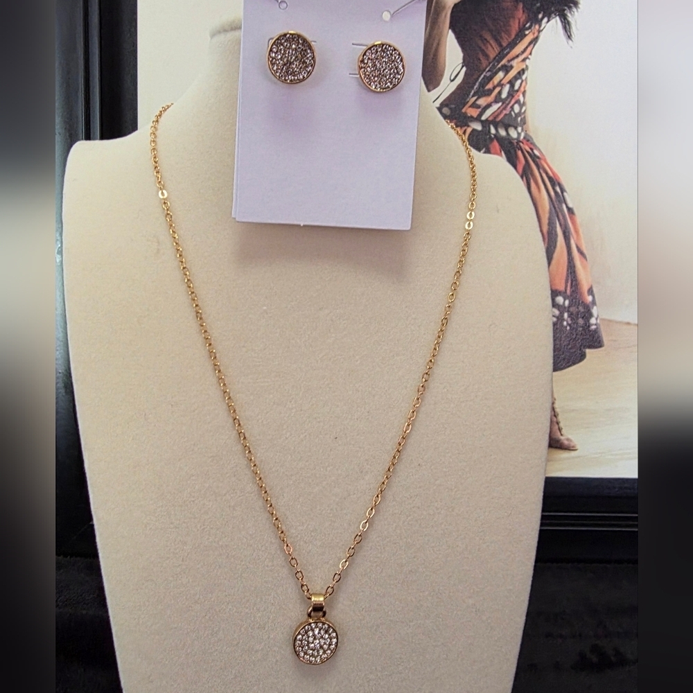 Gold And Rhinestone Round Necklace and Earring Set - Fashion